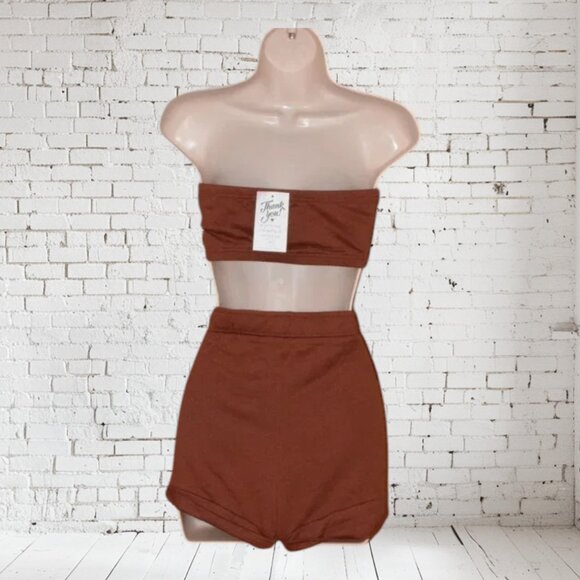 NWT 2 PC Tube Top w/ Cuff Shorts Brown - Picture 2 of 3
